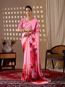 Luxe Satin Georgette Saree - Festive Floral Print for Women