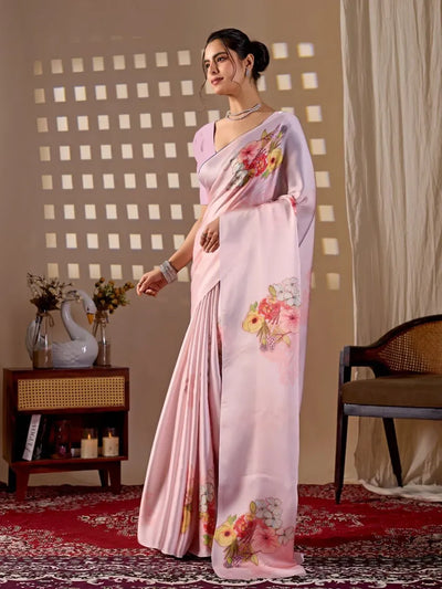 Luxe Satin Georgette Saree - Floral Digital Print for Women