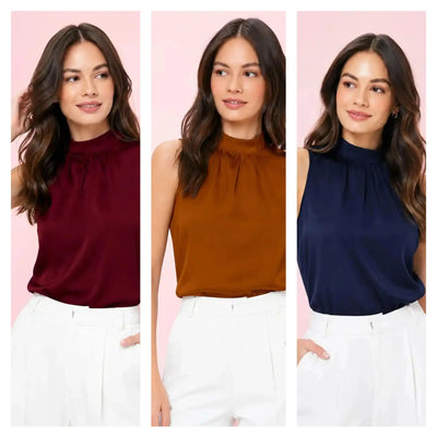 Luxe Satin Mock Neck Top - Elegant Sleeveless Festive Wear