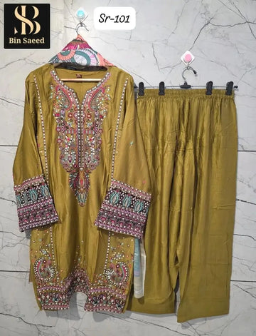 Luxe Satin Rayon Embroidered Farshi Shalwar Suit - Elegant Festive Wear for Women
