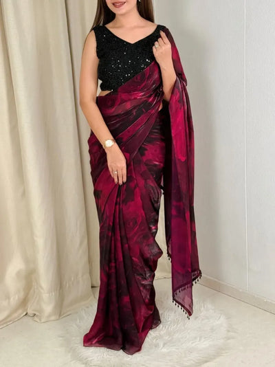 Luxe Satin Saree with Heavy Beads Work Blouse - Festive Party Wear for Women
