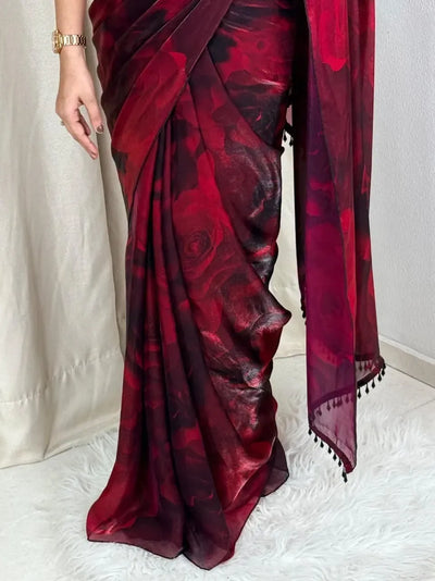 Luxe Satin Saree with Heavy Beads Work Blouse - Festive Party Wear for Women