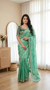 Luxe Satin Saree with Readymade Blouse - Lotus Embroidery Festive Wear