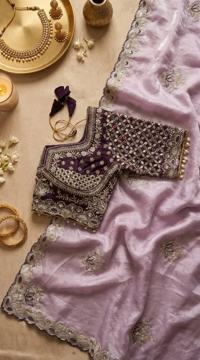 Luxe Satin Saree with Readymade Blouse - Lotus Embroidery Festive Wear