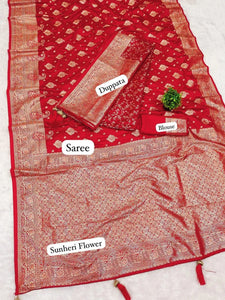 Luxe Satin Silk Saree with Dupatta Set - Golden Zari Work Festive Wear