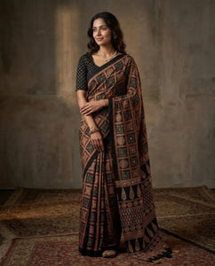 Luxe Semi Gajji Silk Saree - Handcrafted Ajrakh Print & Real Mirror Work for Festive Wear