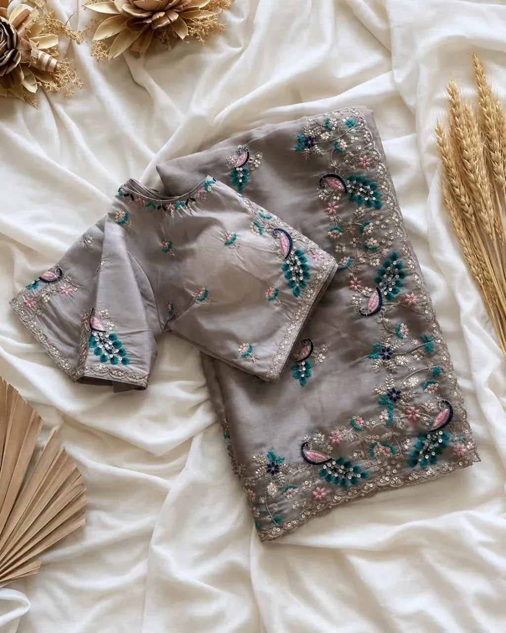 Grey fandy satin saree with sequence embroidery and matching blouse