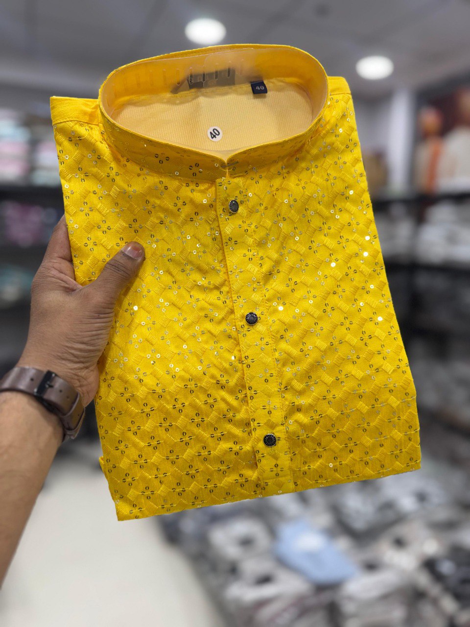 Men's Yellow Silk Blend Kurta with Sequins and Digital Print