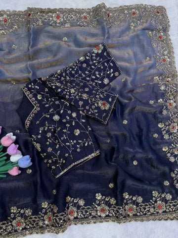 Luxe Shaded Satin Saree - Heavy Sequin & Diamond Work Festive Wear for Women