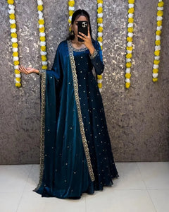 Luxe Silk Anarkali Gown with Dupatta - Elegant Sequence Embroidery Festive Party Wear for Women