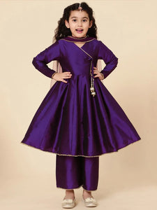 Luxe Silk Angrakha Kurta Set - Moti-Border Detailing for Girls