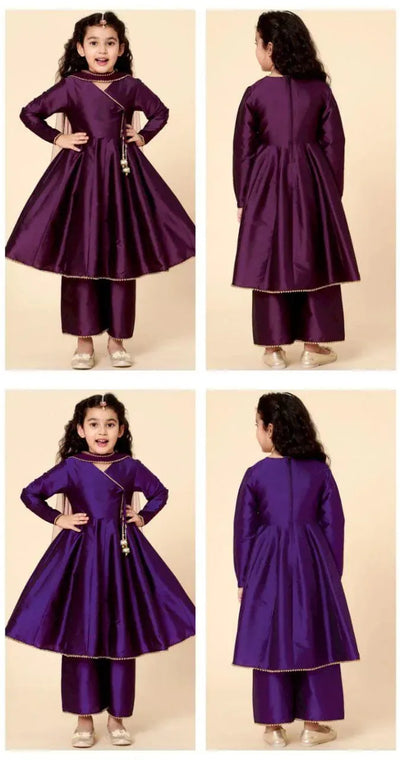 Luxe Silk Angrakha Kurta Set - Moti-Border Detailing for Girls