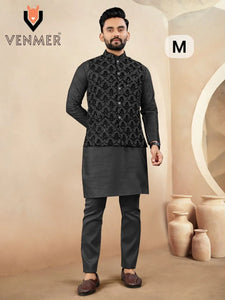 Luxe Silk Kurta Pyjama with Velvet Koti Set - Elegant Party Wear for Men
