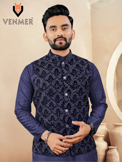 Luxe Silk Kurta Pyjama with Velvet Koti Set - Elegant Party Wear for Men