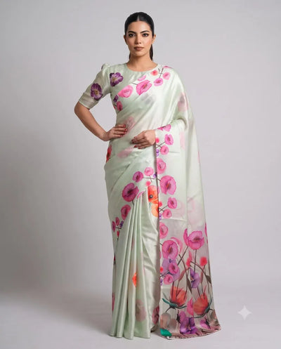 Luxe Silk Satin Saree - Floral Print with Designer Blouse for Festive Wear