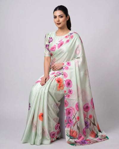Luxe Silk Satin Saree - Floral Print with Designer Blouse for Festive Wear