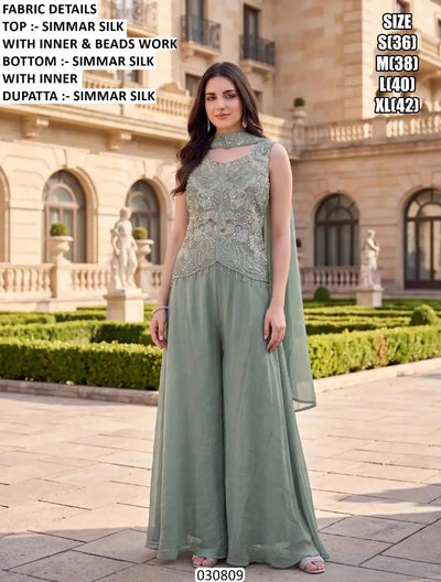 Luxe Simmar Silk Palazzo Suit Set with Intricate Beads Work for Festive Wedding Wear