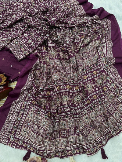 Luxe Soft Crepe Silk Saree - Ajarakh Print & Real Mirror Work