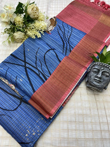 Luxe Soft Tussar Silk Saree - Elegant Checks & Printed Blouse for Festive Wear