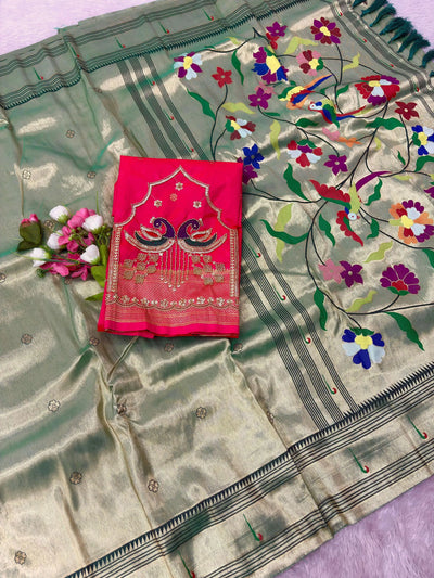 Luxe Soft Zari Tissue Paithani Silk Saree with Heavy Blouse