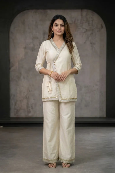 Luxe Sunshine Moss Wrap Kurti Set - Elegant Festive Wear