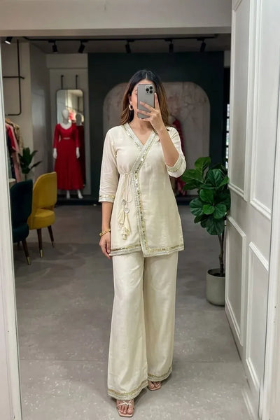 Luxe Sunshine Moss Wrap Kurti Set - Elegant Festive Wear