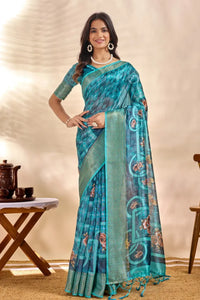 Luxe Teal Blue Soft Silk Saree with Floral Digital Pallu & Zari Border for Festive Wear
