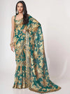 Luxe Teal Floral Saree - Designer Zari & Sequin Work for Wedding Season