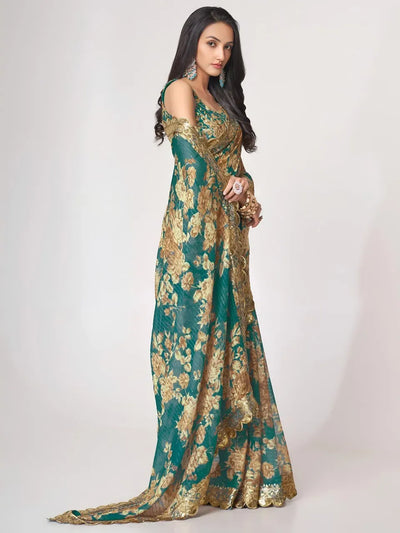 Luxe Teal Floral Saree - Designer Zari & Sequin Work for Wedding Season