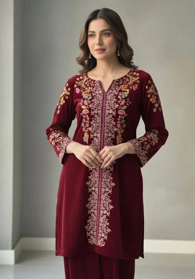 Luxe Velvet Co-ord Set - Embroidered Winter Wear for Women