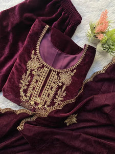 Luxe Velvet Plazzo Suit - Sequence Embroidery 3-Piece for Women