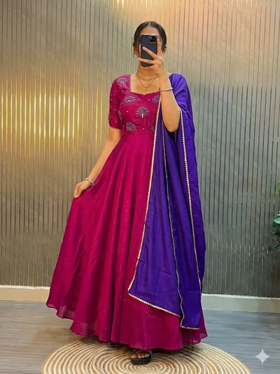 Luxe Vichitra Silk Anarkali Gown with Festive Maggam Handwork