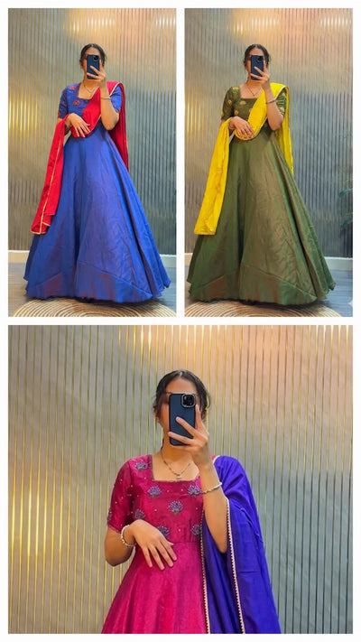 Luxe Vichitra Silk Anarkali Gown with Festive Maggam Handwork