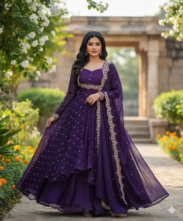 Luxe Vichitra Silk Anarkali Suit Set - Heavy Golden Embroidery Festive Wear for Women