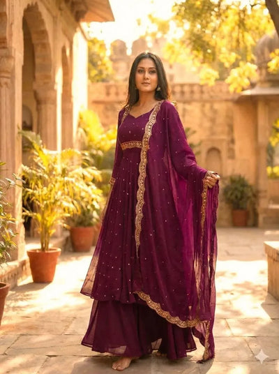Luxe Vichitra Silk Anarkali Suit Set - Heavy Golden Embroidery Festive Wear for Women