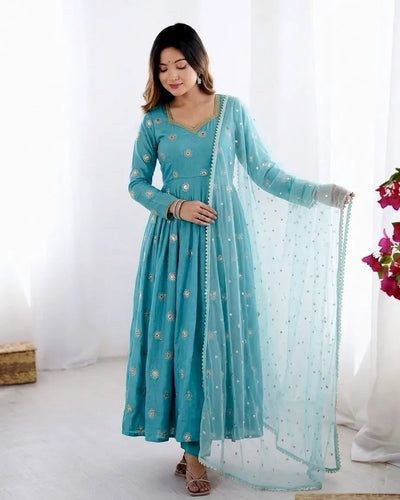 Luxe Vichitra Silk Gown - Heavy Embroidery Party Wear for Wedding
