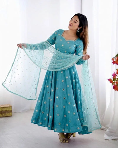 Luxe Vichitra Silk Gown - Heavy Embroidery Party Wear for Wedding