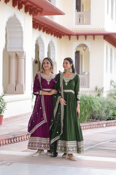 Luxe Vichitra Silk Gown with Dupatta - Heavy Sequins Work for Parties