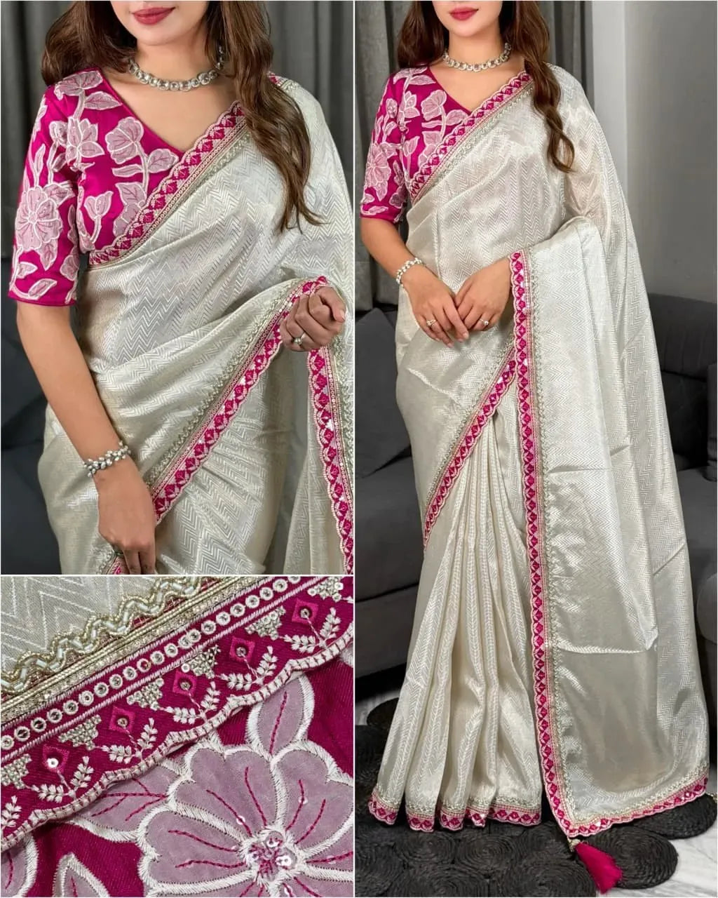 Model wearing ivory satin saree with pink floral applique blouse, front view