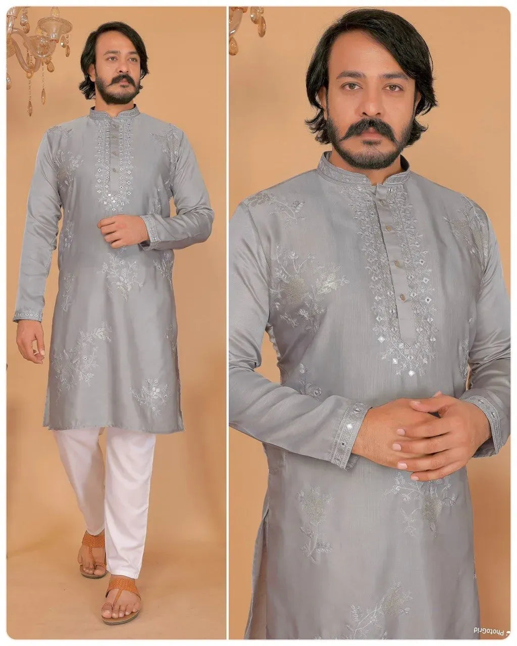 Man wearing grey heavy embroidery viscous silk kurta pyjama set