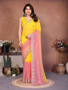 Luxe Yellow & Pink Georgette Saree - Exquisite Embroidery for Festivities