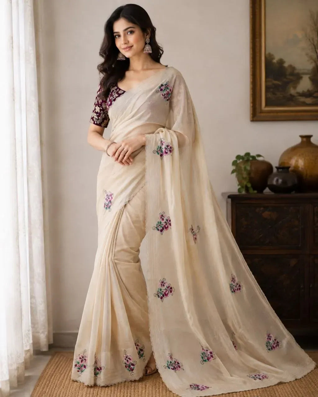 Model wearing cream georgette designer saree with floral embroidery and contrast blouse