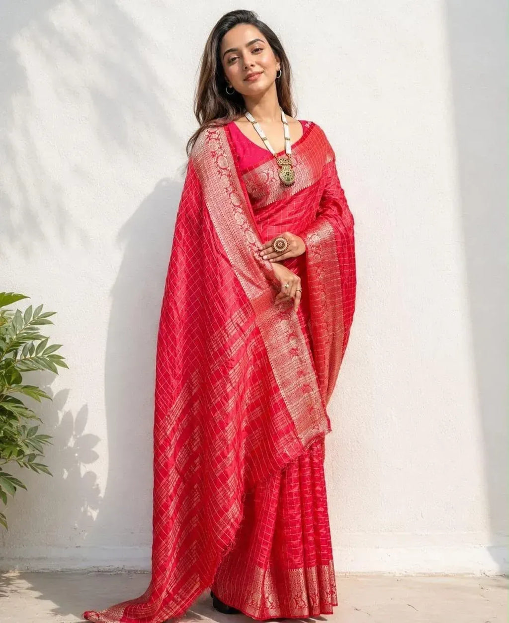 Red Dola silk saree with gold zari border on model standing front facing