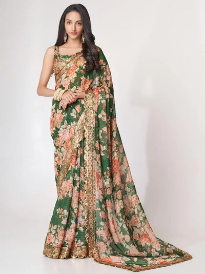 Luxurious Emerald Green Saree - Floral Print Designer Wear for Wedding Season