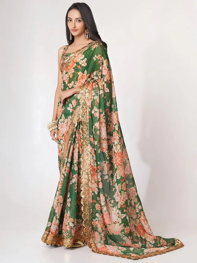 Luxurious Emerald Green Saree - Floral Print Designer Wear for Wedding Season