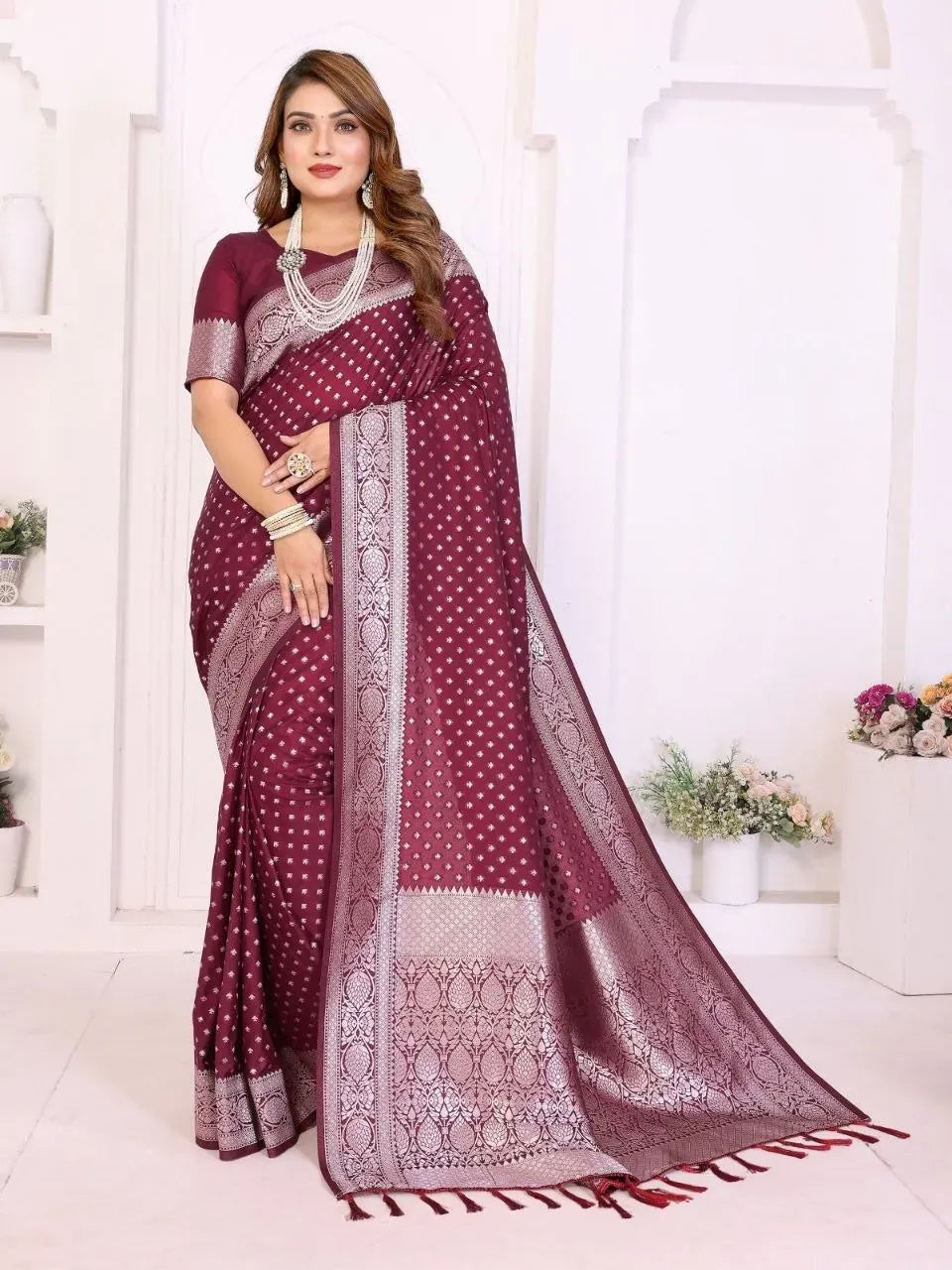 Model standing wearing purple zari woven georgette silk saree front view