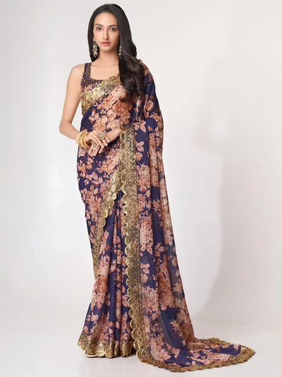 Luxurious Midnight Mauve Floral Saree - Designer Wedding Collection for Women