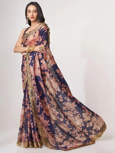 Luxurious Midnight Mauve Floral Saree - Designer Wedding Collection for Women