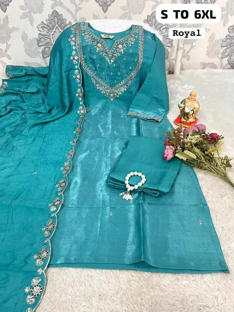 Teal blue water gold silk kurti set with heavy embroidery and dupatta