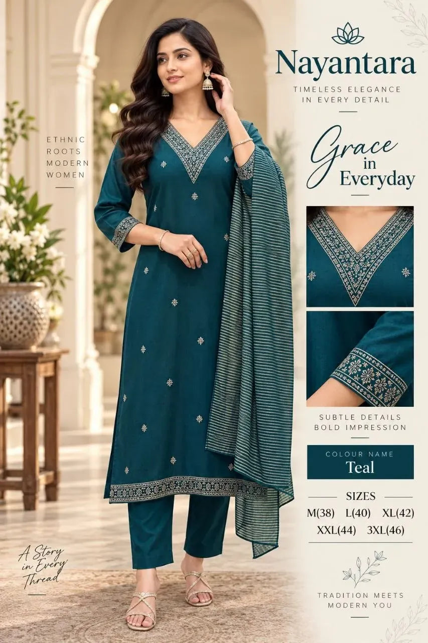 Model wearing teal viscose Gaji silk kurti set with shimmer dupatta